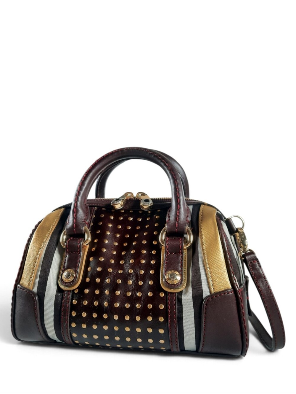 HENRI BENDEL Steampunk Studded Satchel Crossbody Barrel Bag Hold Plum Striped - Picture 3 of 11